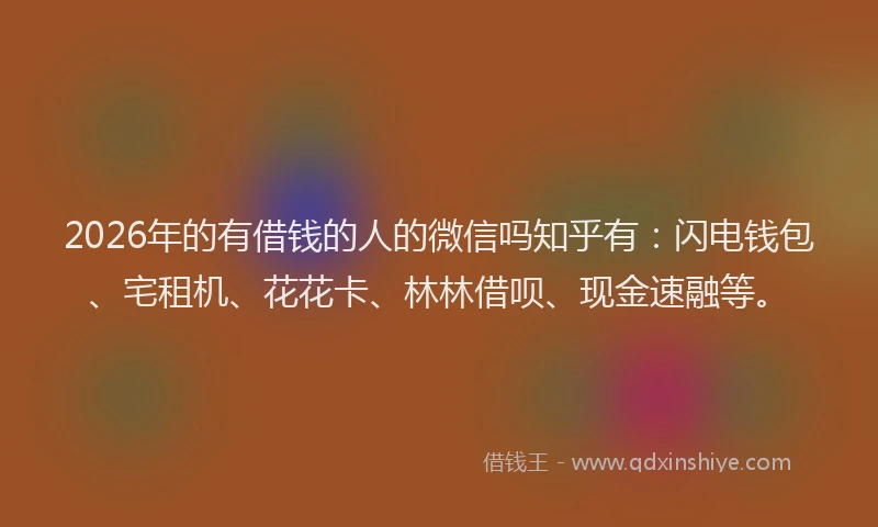 2026年的有借钱的人的微信吗知乎有:闪电钱包、宅租机、花花卡、林林借呗、现金速融等。