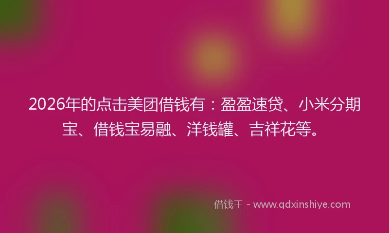 2026年的点击美团借钱有：盈盈速贷、小米分期宝、借钱宝易融、洋钱罐、吉祥花等。