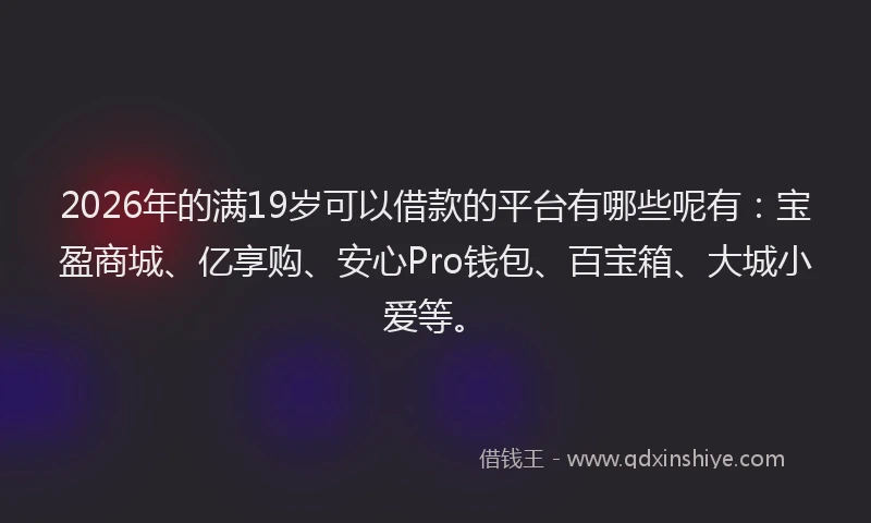 2026年的满19岁可以借款的平台有哪些呢有：宝盈商城、亿享购、安心Pro钱包、百宝箱、大城小爱等。