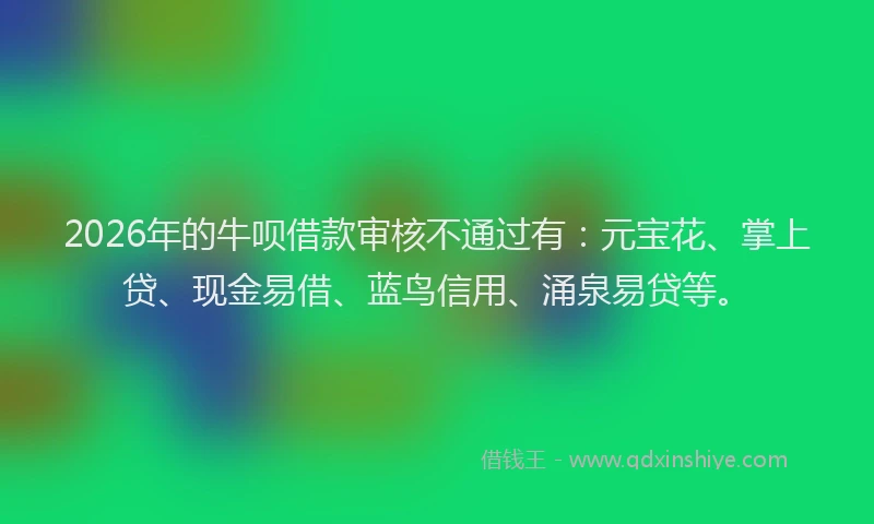 2026年的牛呗借款审核不通过有：元宝花、掌上贷、现金易借、蓝鸟信用、涌泉易贷等。