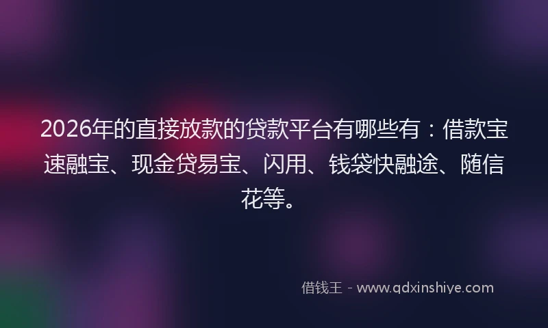 2026年的直接放款的贷款平台有哪些有：借款宝速融宝、现金贷易宝、闪用、钱袋快融途、随信花等。