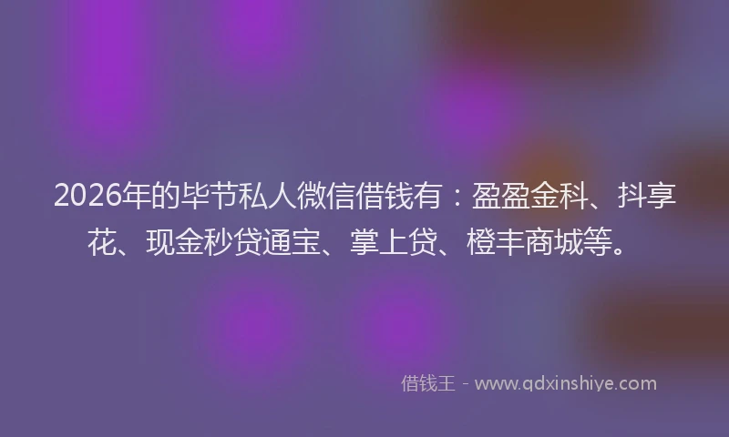 2026年的毕节私人微信借钱有:盈盈金科、抖享花、现金秒贷通宝、掌上贷、橙丰商城等。