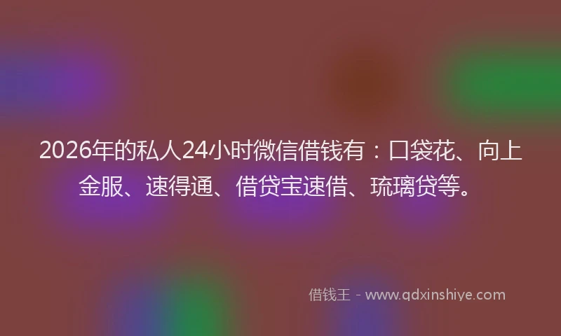 2026年的私人24小时微信借钱有：口袋花、向上金服、速得通、借贷宝速借、琉璃贷等。