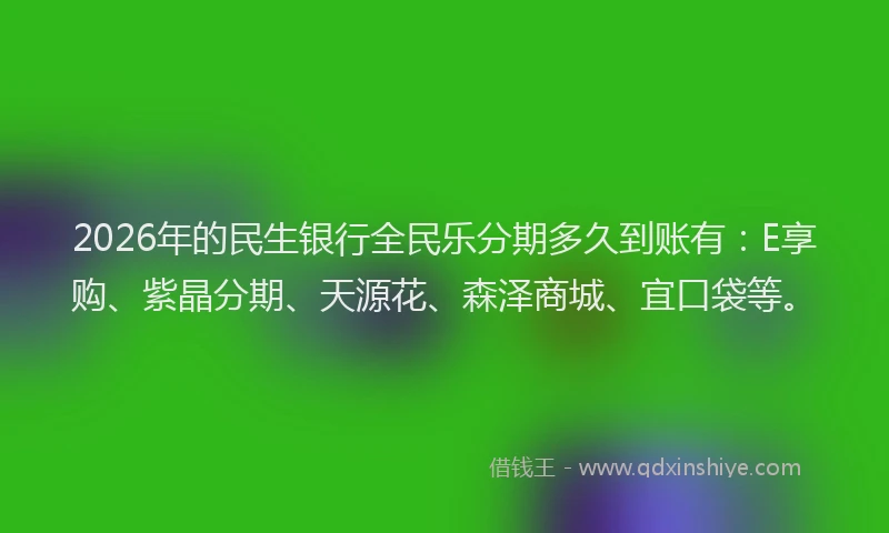 2026年的民生银行全民乐分期多久到账有：E享购、紫晶分期、天源花、森泽商城、宜口袋等。