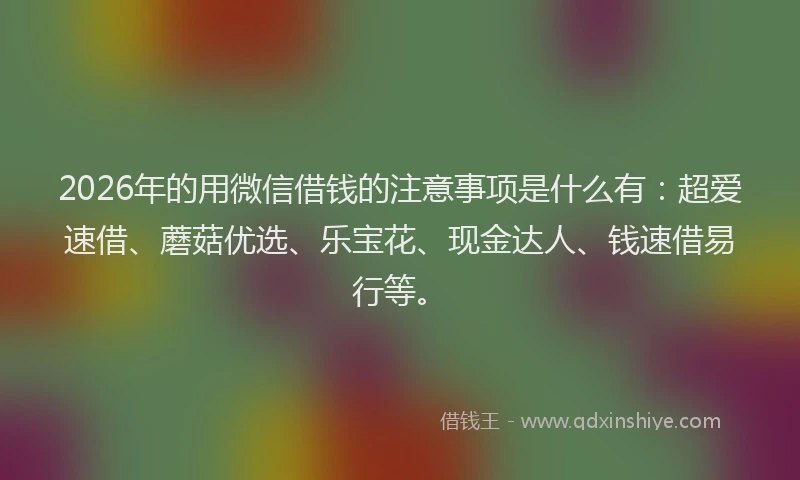 2026年的用微信借钱的注意事项是什么有：超爱速借、蘑菇优选、乐宝花、现金达人、钱速借易行等。