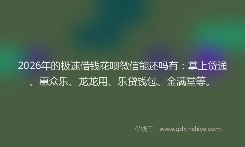 2026年的极速借钱花呗微信能还吗有：掌上贷通、惠众乐、龙龙用、乐贷钱包、金满堂等。