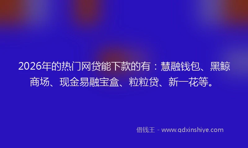 2026年的热门网贷能下款的有：慧融钱包、黑鲸商场、现金易融宝盒、粒粒贷、新一花等。