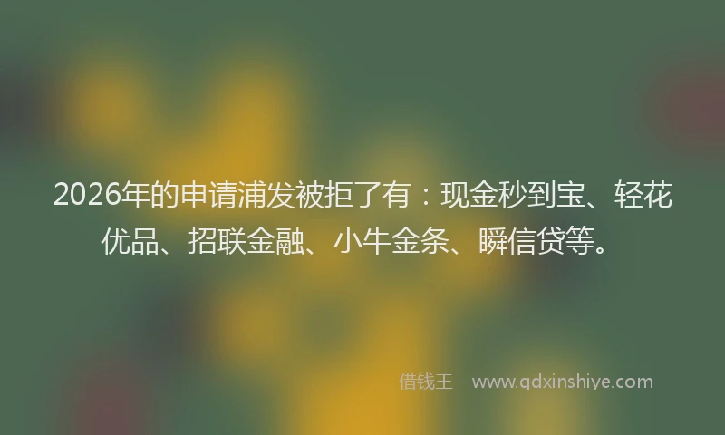 2026年的申请浦发被拒了有：现金秒到宝、轻花优品、招联金融、小牛金条、瞬信贷等。