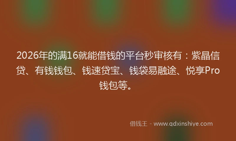 2026年的满16就能借钱的平台秒审核有:紫晶信贷、有钱钱包、钱速贷宝、钱袋易融途、悦享Pro钱包等。