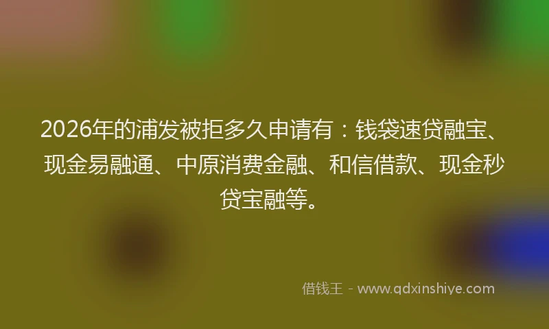 2026年的浦发被拒多久申请有:钱袋速贷融宝、现金易融通、中原消费金融、和信借款、现金秒贷宝融等。