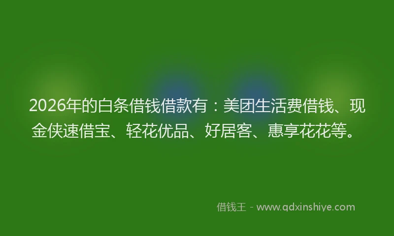 2026年的白条借钱借款有：美团生活费借钱、现金侠速借宝、轻花优品、好居客、惠享花花等。