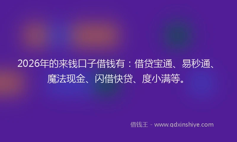 2026年的来钱口子借钱有：借贷宝通、易秒通、魔法现金、闪借快贷、度小满等。