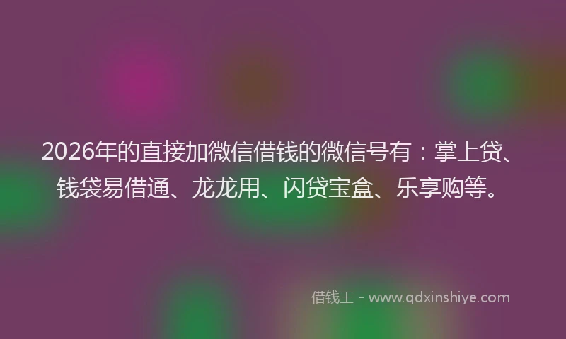 2026年的直接加微信借钱的微信号有：掌上贷、钱袋易借通、龙龙用、闪贷宝盒、乐享购等。