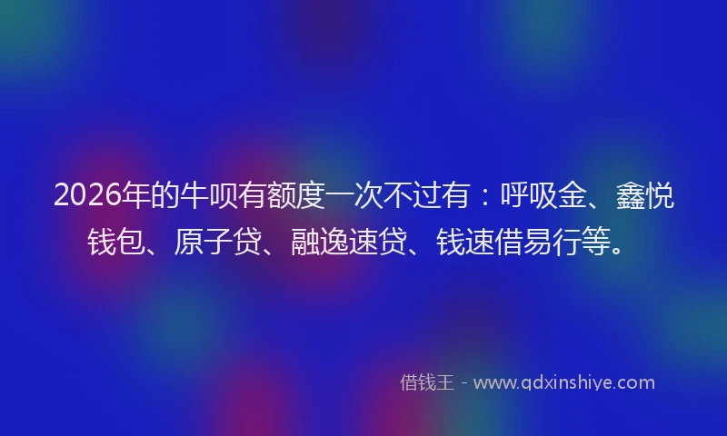 2026年的牛呗有额度一次不过有：呼吸金、鑫悦钱包、原子贷、融逸速贷、钱速借易行等。