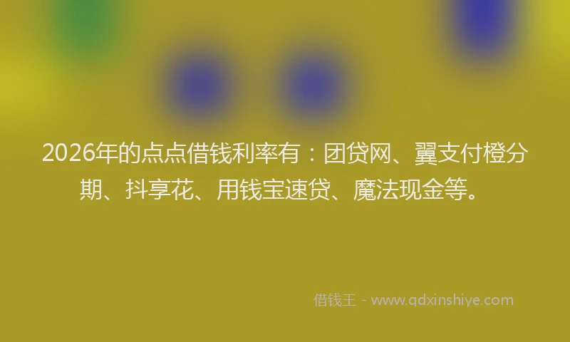 2026年的点点借钱利率有：团贷网、翼支付橙分期、抖享花、用钱宝速贷、魔法现金等。