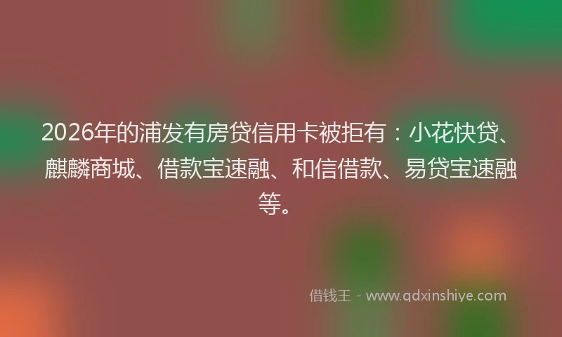2026年的浦发有房贷信用卡被拒有：小花快贷、麒麟商城、借款宝速融、和信借款、易贷宝速融等。