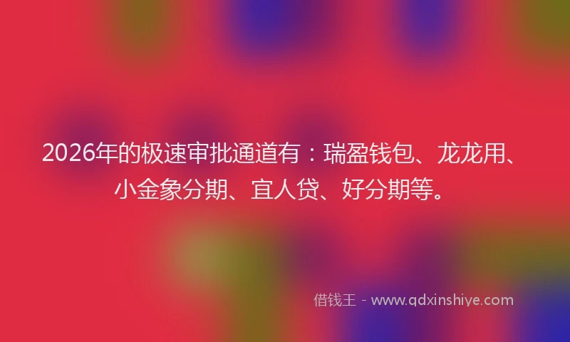 2026年的极速审批通道有：瑞盈钱包、龙龙用、小金象分期、宜人贷、好分期等。