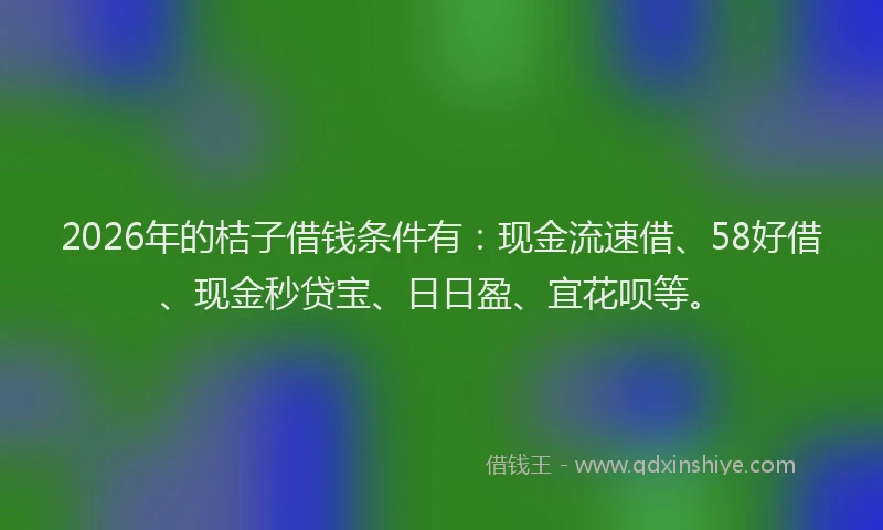 2026年的桔子借钱条件有：现金流速借、58好借、现金秒贷宝、日日盈、宜花呗等。