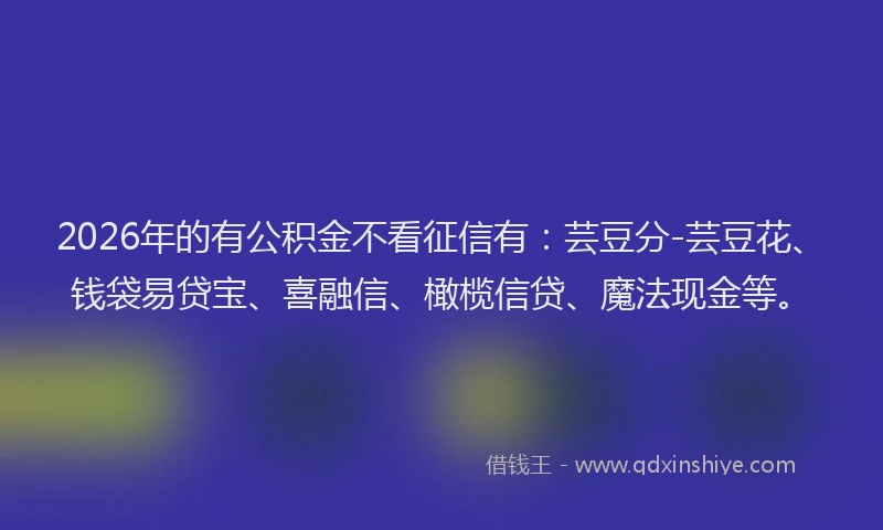 2026年的有公积金不看征信有：芸豆分-芸豆花、钱袋易贷宝、喜融信、橄榄信贷、魔法现金等。