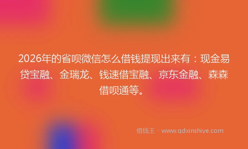 2026年的省呗微信怎么借钱提现出来有:现金易贷宝融、金瑞龙、钱速借宝融、京东金融、森森借呗通等。