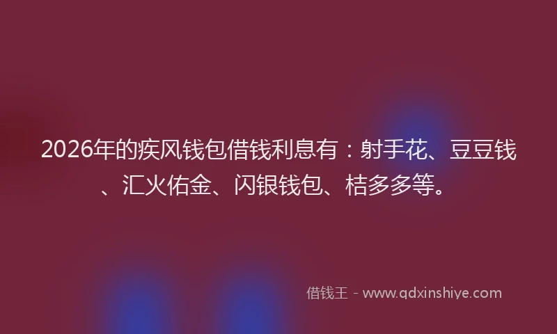 2026年的疾风钱包借钱利息有：射手花、豆豆钱、汇火佑金、闪银钱包、桔多多等。