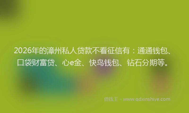 2026年的漳州私人贷款不看征信有：通通钱包、口袋财富贷、心e金、快鸟钱包、钻石分期等。