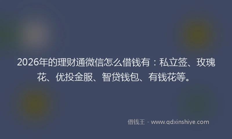 2026年的理财通微信怎么借钱有：私立签、玫瑰花、优投金服、智贷钱包、有钱花等。