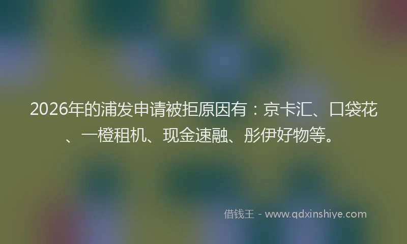2026年的浦发申请被拒原因有：京卡汇、口袋花、一橙租机、现金速融、彤伊好物等。