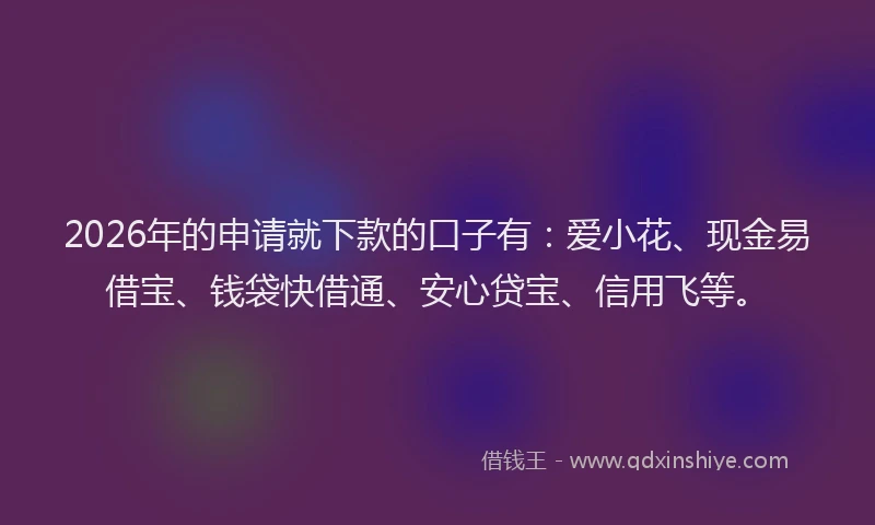 2026年的申请就下款的口子有：爱小花、现金易借宝、钱袋快借通、安心贷宝、信用飞等。