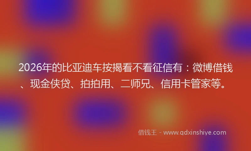 2026年的比亚迪车按揭看不看征信有：微博借钱、现金侠贷、拍拍用、二师兄、信用卡管家等。