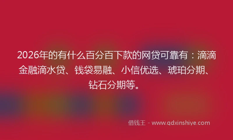 2026年的有什么百分百下款的网贷可靠有：滴滴金融滴水贷、钱袋易融、小信优选、琥珀分期、钻石分期等。
