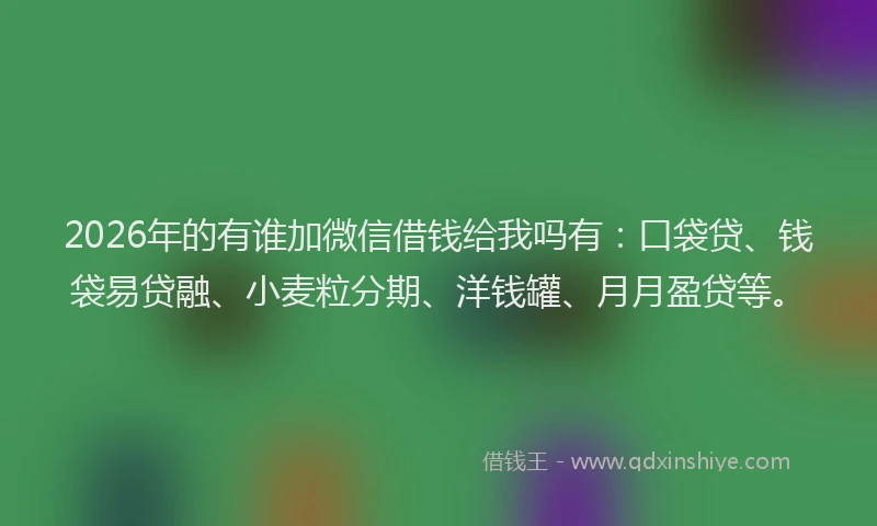 2026年的有谁加微信借钱给我吗有：口袋贷、钱袋易贷融、小麦粒分期、洋钱罐、月月盈贷等。