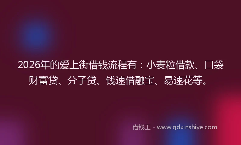 2026年的爱上街借钱流程有：小麦粒借款、口袋财富贷、分子贷、钱速借融宝、易速花等。