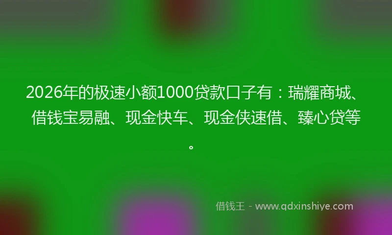 2026年的极速小额1000贷款口子有：瑞耀商城、借钱宝易融、现金快车、现金侠速借、臻心贷等。