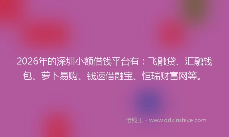 2026年的深圳小额借钱平台有：飞融贷、汇融钱包、萝卜易购、钱速借融宝、恒瑞财富网等。