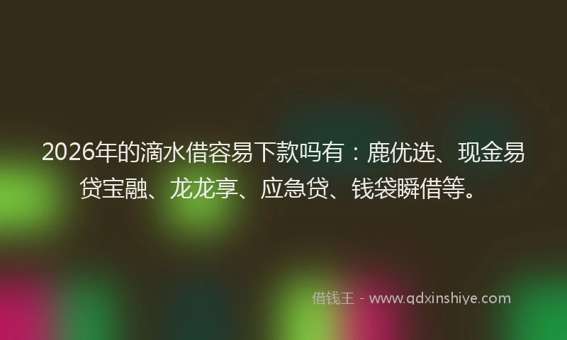 2026年的滴水借容易下款吗有:鹿优选、现金易贷宝融、龙龙享、应急贷、钱袋瞬借等。