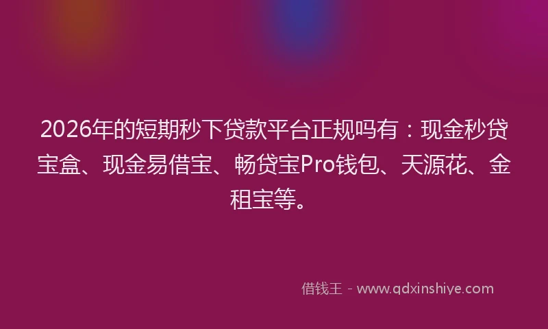 2026年的短期秒下贷款平台正规吗有：现金秒贷宝盒、现金易借宝、畅贷宝Pro钱包、天源花、金租宝等。
