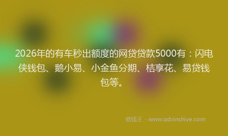 2026年的有车秒出额度的网贷贷款5000有：闪电侠钱包、鹅小易、小金鱼分期、桔享花、易贷钱包等。