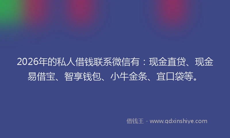 2026年的私人借钱联系微信有：现金直贷、现金易借宝、智享钱包、小牛金条、宜口袋等。