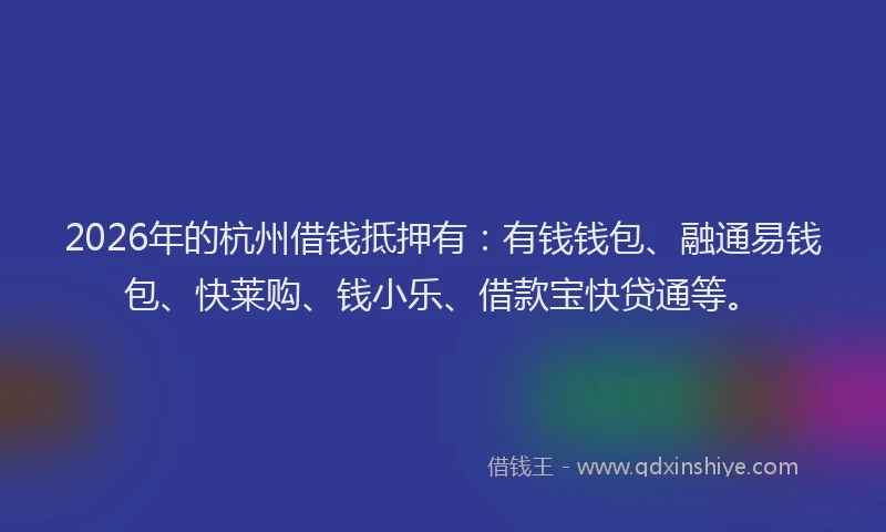 2026年的杭州借钱抵押有:有钱钱包、融通易钱包、快莱购、钱小乐、借款宝快贷通等。