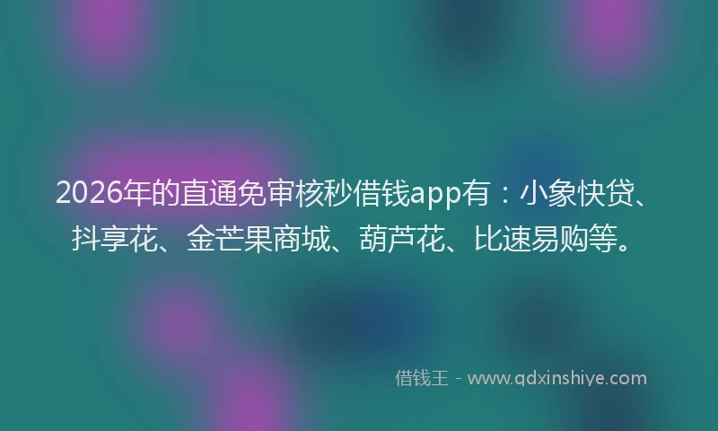 2026年的直通免审核秒借钱app有：小象快贷、抖享花、金芒果商城、葫芦花、比速易购等。