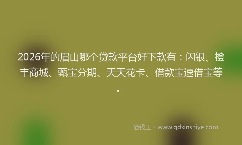 2026年的眉山哪个贷款平台好下款有：闪银、橙丰商城、甄宝分期、天天花卡、借款宝速借宝等。