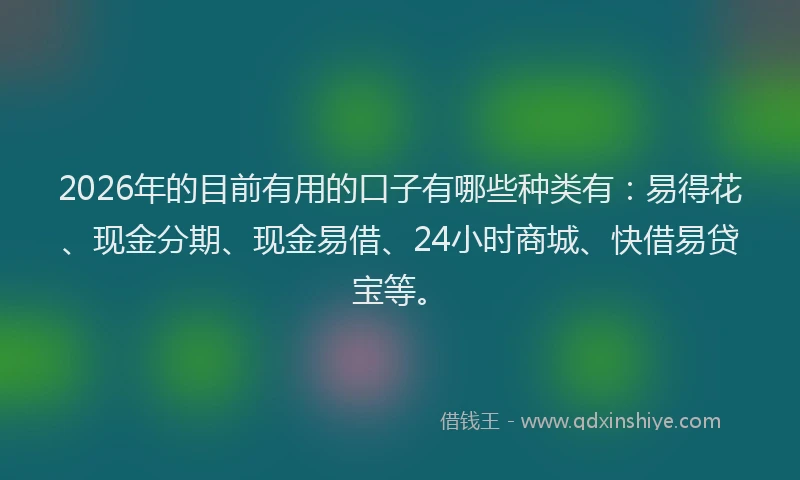 2026年的目前有用的口子有哪些种类有：易得花、现金分期、现金易借、24小时商城、快借易贷宝等。