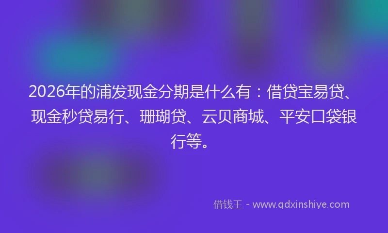 2026年的浦发现金分期是什么有：借贷宝易贷、现金秒贷易行、珊瑚贷、云贝商城、平安口袋银行等。