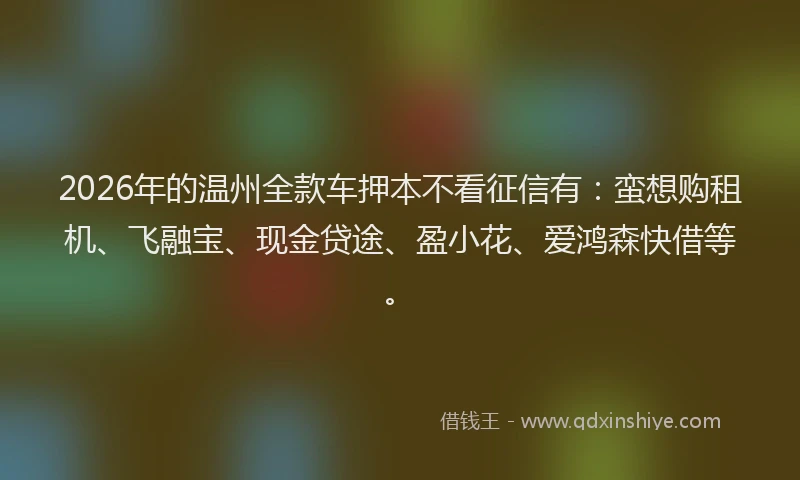 2026年的温州全款车押本不看征信有：蛮想购租机、飞融宝、现金贷途、盈小花、爱鸿森快借等。