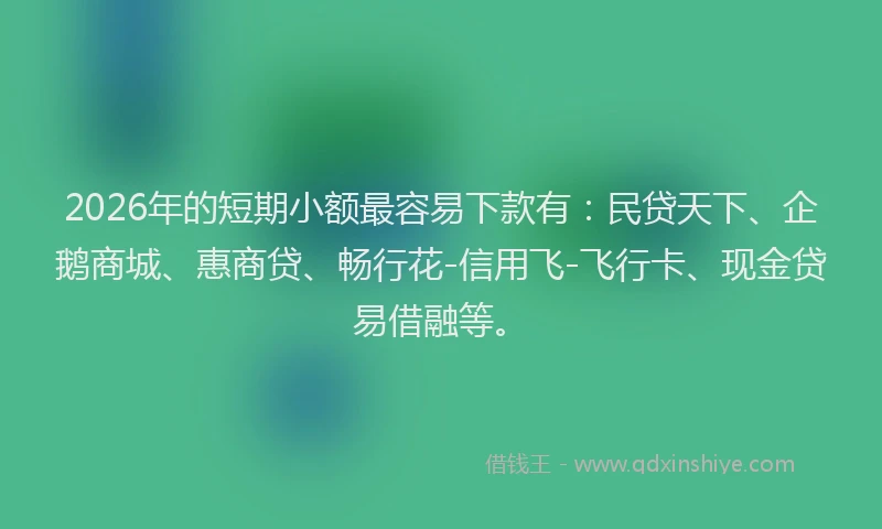 2026年的短期小额最容易下款有：民贷天下、企鹅商城、惠商贷、畅行花-信用飞-飞行卡、现金贷易借融等。