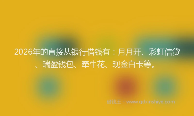 2026年的直接从银行借钱有：月月开、彩虹信贷、瑞盈钱包、牵牛花、现金白卡等。