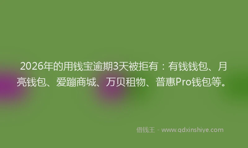 2026年的用钱宝逾期3天被拒有：有钱钱包、月亮钱包、爱蹦商城、万贝租物、普惠Pro钱包等。
