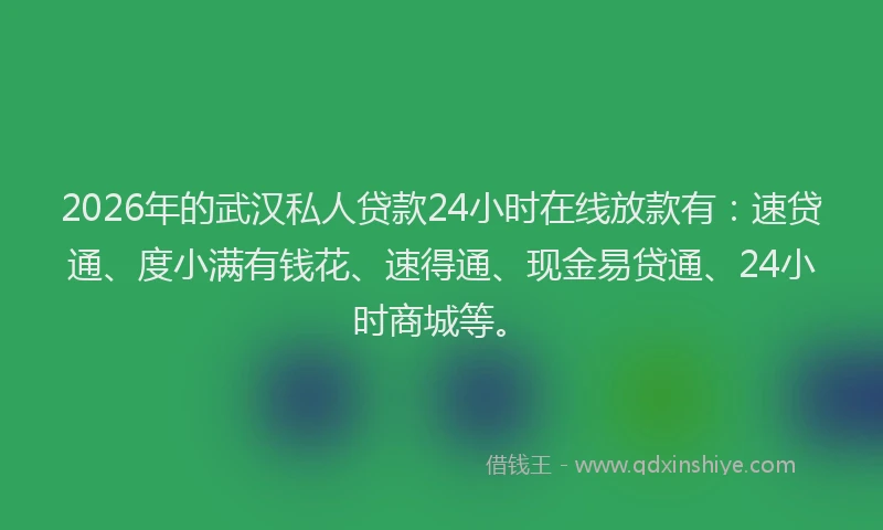 2026年的武汉私人贷款24小时在线放款有：速贷通、度小满有钱花、速得通、现金易贷通、24小时商城等。