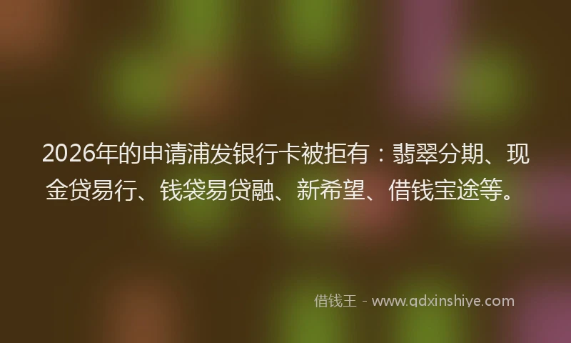 2026年的申请浦发银行卡被拒有:翡翠分期、现金贷易行、钱袋易贷融、新希望、借钱宝途等。